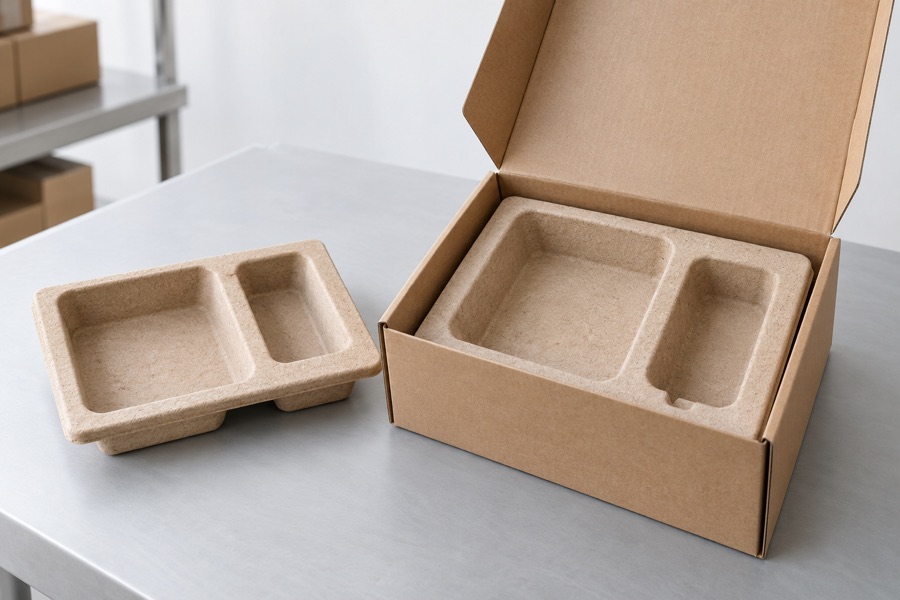 Illustration of fitted paper-pulp packaging in a cardboard shipping box.