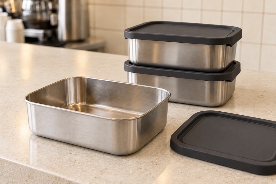 Illustration of reusable stainless-steel takeaway containers with charcoal lids.