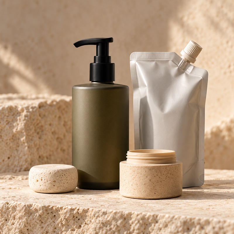 Illustration of a refillable olive dispenser, refill pouch, and cream jar.