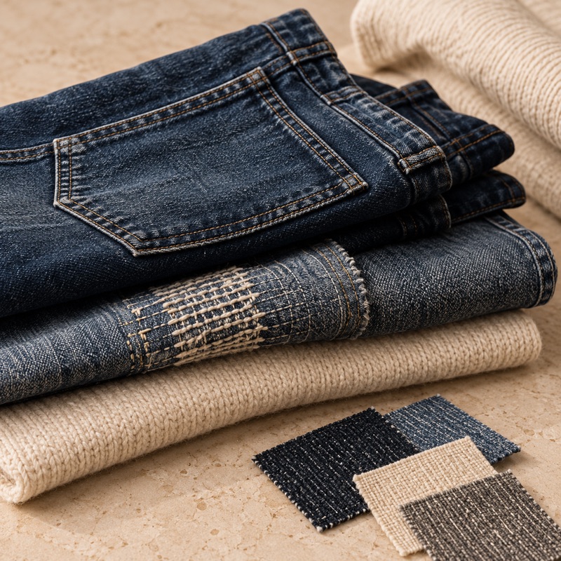 Illustration of repaired denim and cream knitwear with fabric repair swatches.